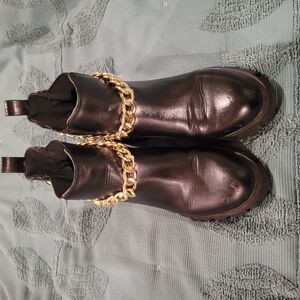 Black Leather Boots with Gold Chain